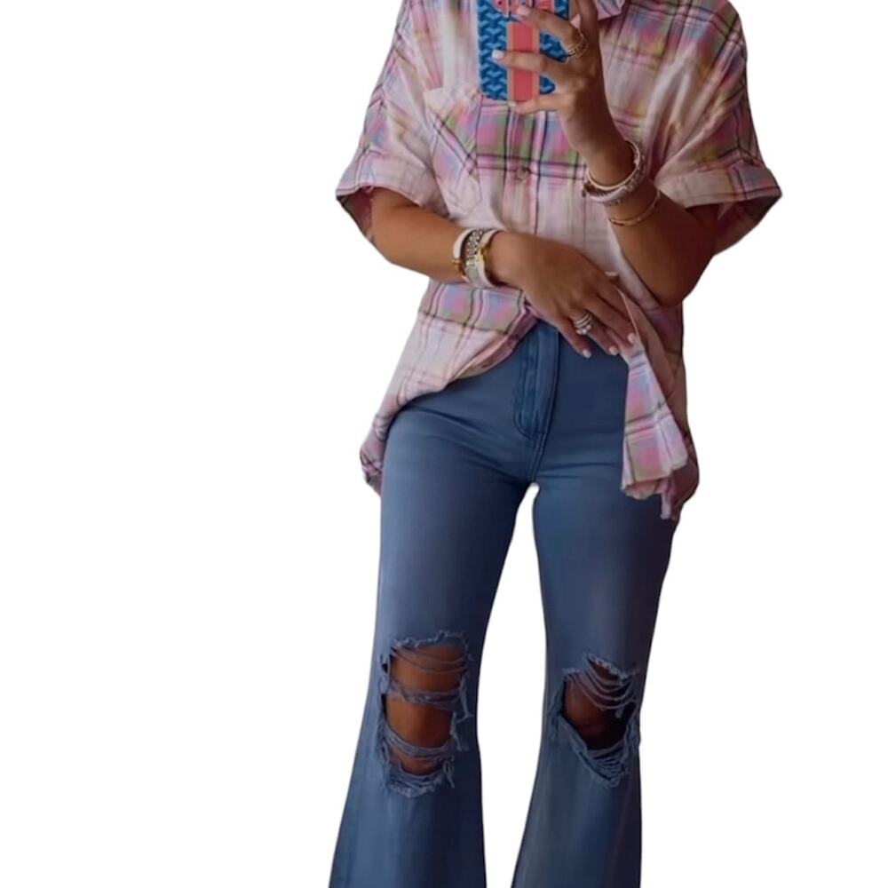 White Birch Womens Plaid Short Sleeve Frayed Tunic Top Size Medium Colorful - Picture 2 of 12